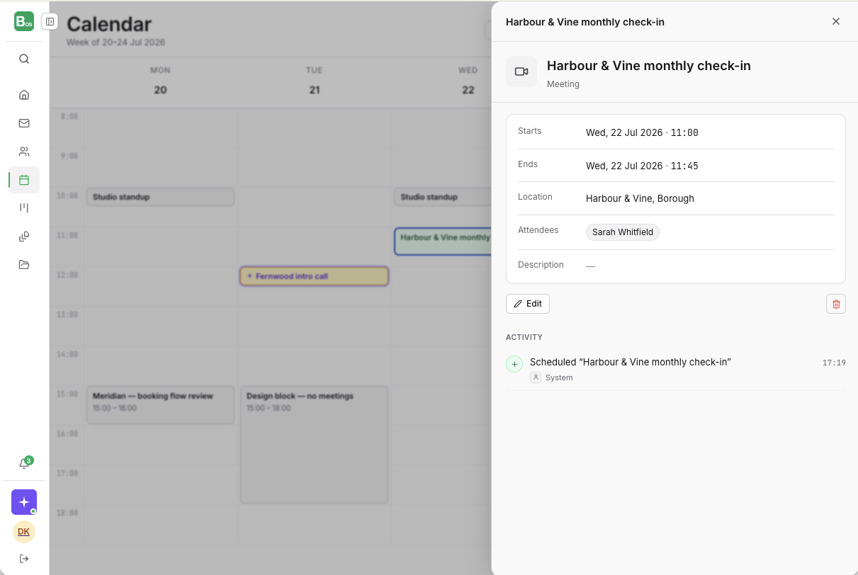 A working week in the BusinessOS calendar — client calls, internal standups and protected design blocks — with a meeting open showing its time, location, attendee and history.