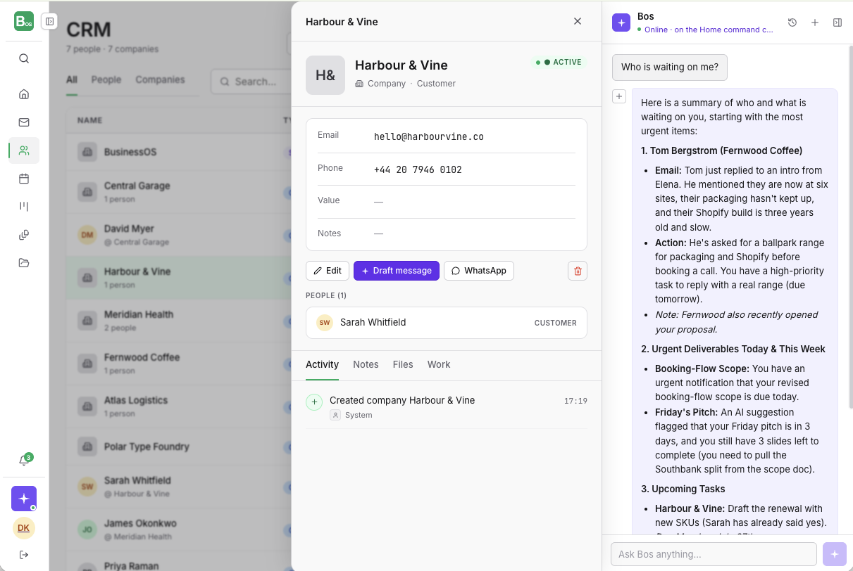 The BusinessOS contacts list with companies and people together, and an open company record showing its linked contact, status, and activity history.