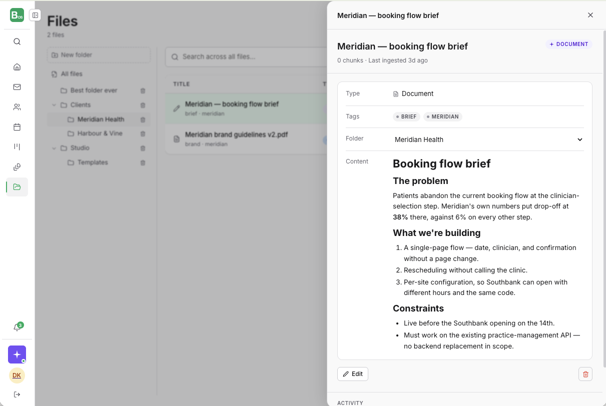 The BusinessOS file library: a folder tree for client and internal work, a searchable file list, and an open document showing its formatted contents in the panel alongside.
