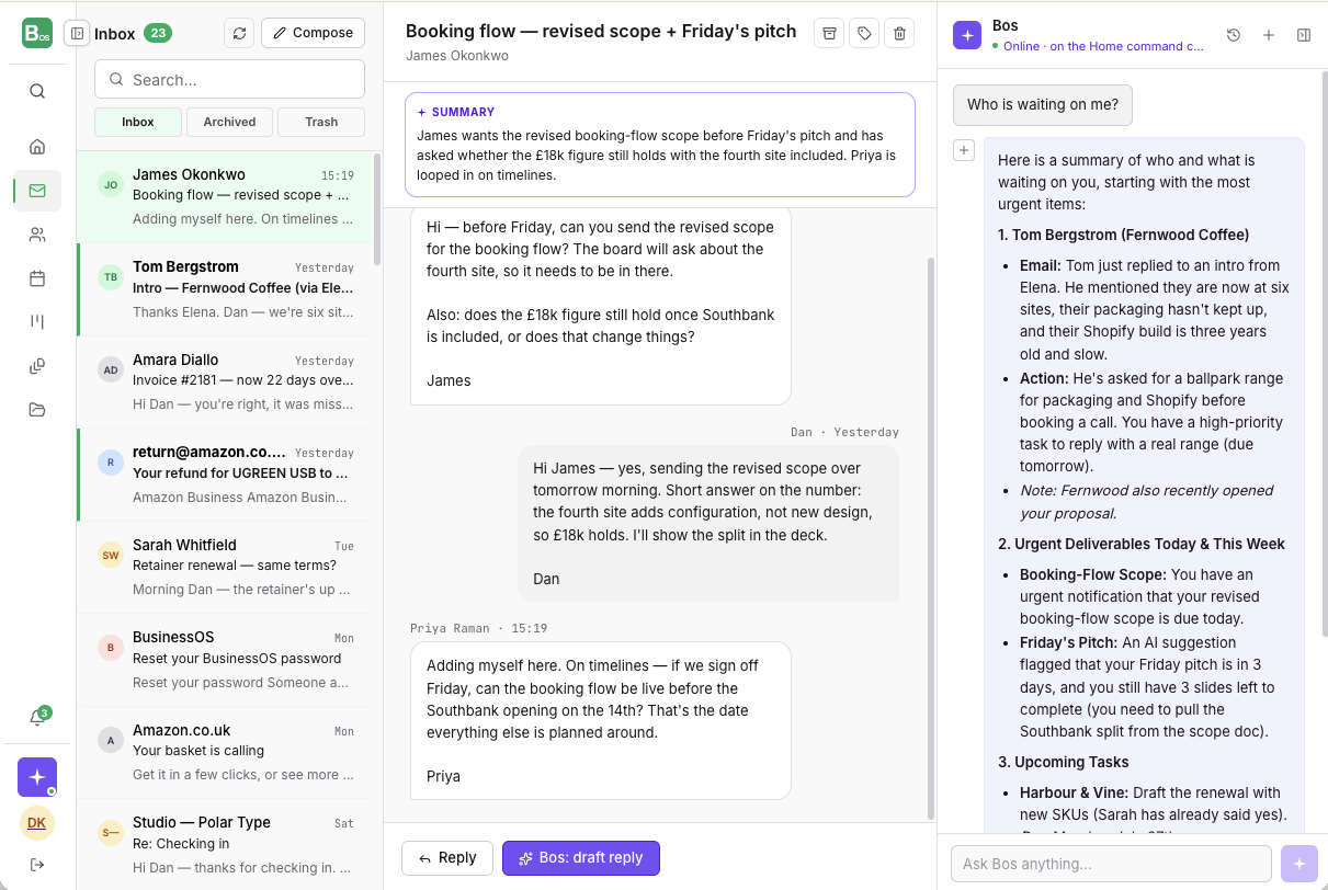 The BusinessOS inbox: a thread list, an open client thread with an agent-written summary pinned above it, and the agent answering "who is waiting on me?" in a panel alongside.